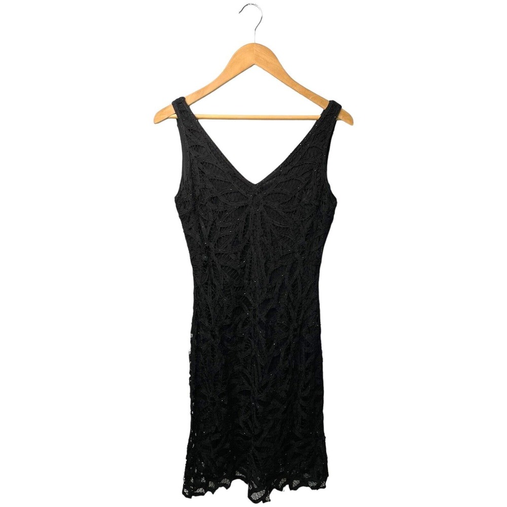 Etoile Beaded Lace V Neck Scallop Lined Vintage Y2K Dress Black XS